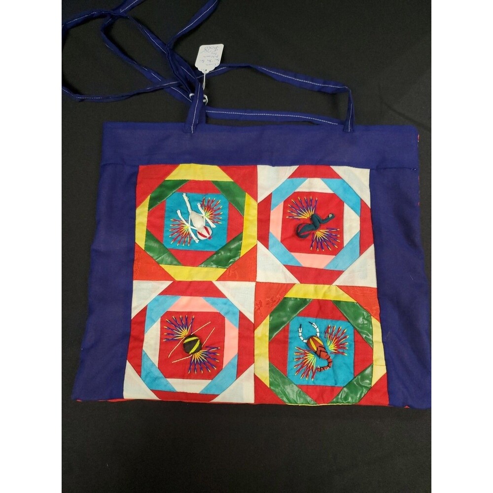 Bai Jia Bei Chinese Quilt Tote Bag Purse Embroidered Panda Frog Folk Art Vintage